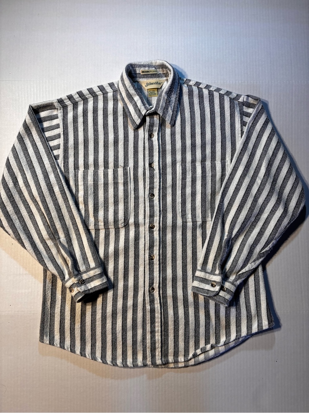 Vtg St. John's Bay Big Mac 90’s USA Flannel Striped Button Up Shirt Pockets Sz L